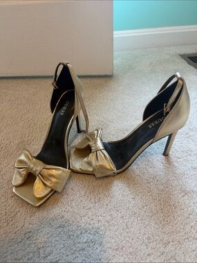 GUESS Metallic Gold Open-Toe Bow Ankle-Strap Stilettos